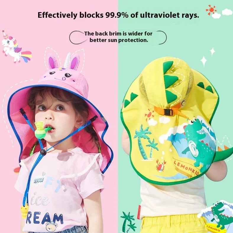 Yellow dinosaur pattern children's sun hat with wide brim for UV protection