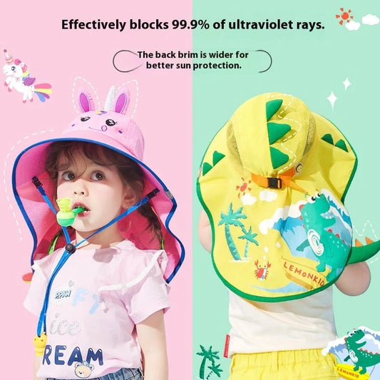 Yellow dinosaur pattern children's sun hat with wide brim for UV protection
