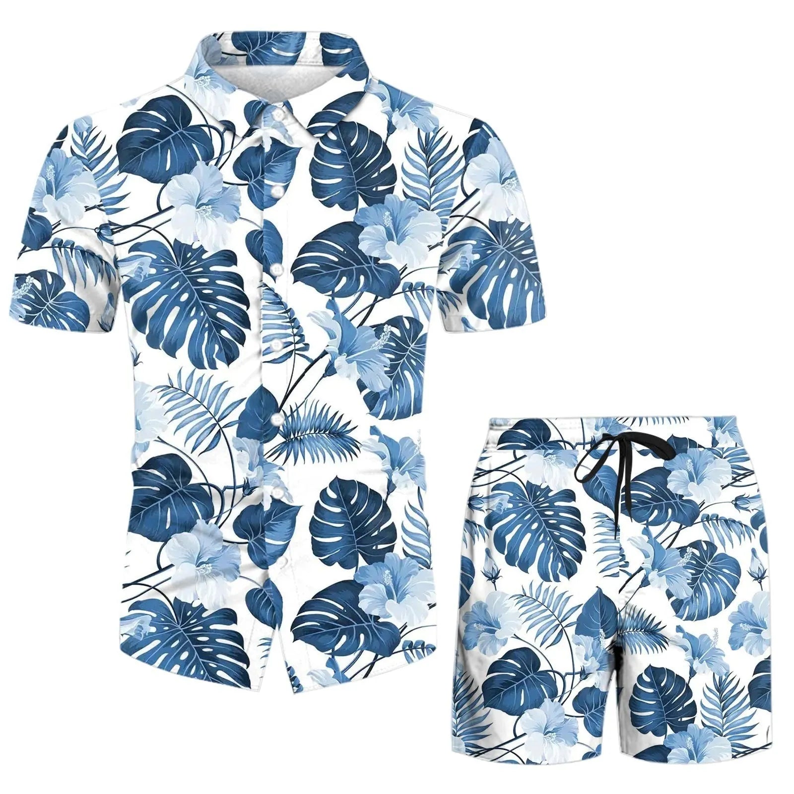 Man wearing a digitally printed short sleeve casual suit set with matching trousers.