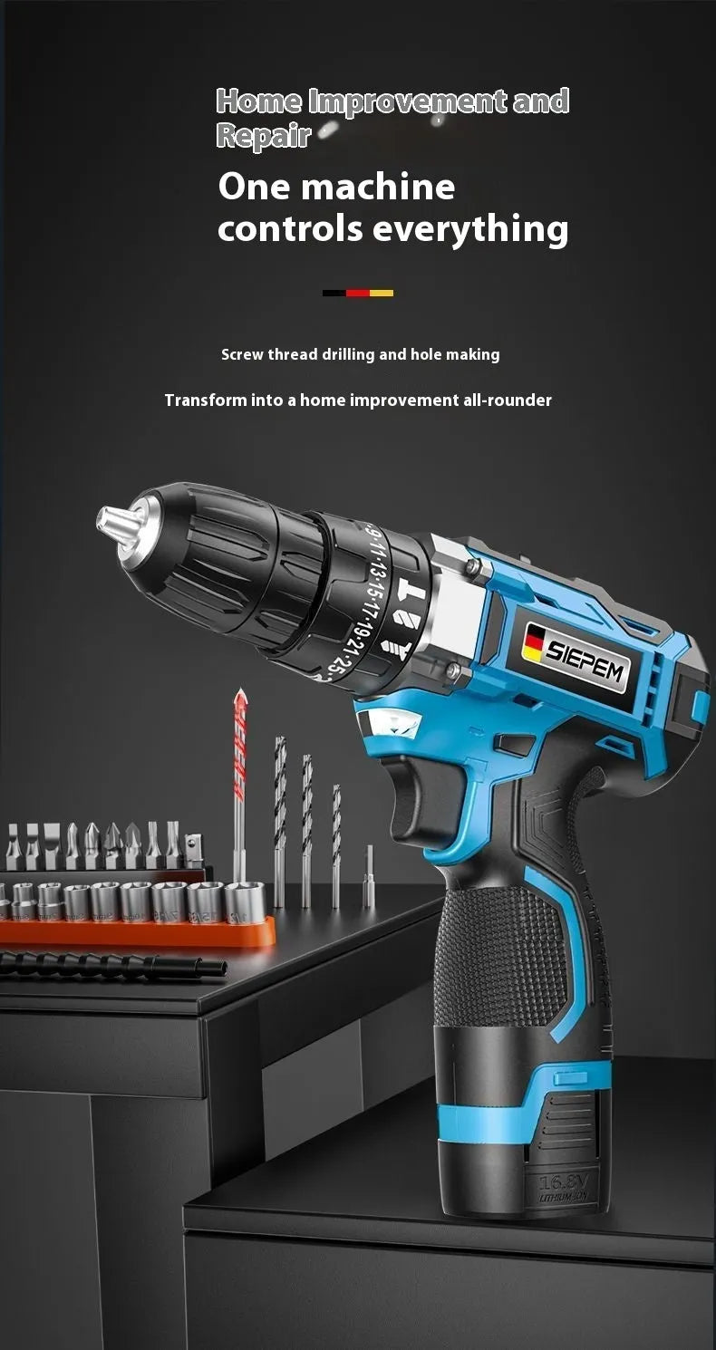 12V dual-speed impact pistol drill electric screwdriver with pistol grip design and complete accessory set