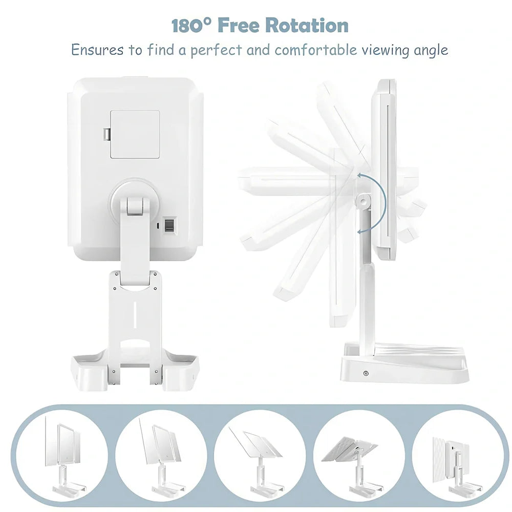 White LED makeup mirror with folded design showing rotation mechanism and magnification lenses