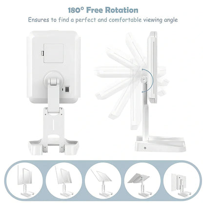 White LED makeup mirror with folded design showing rotation mechanism and magnification lenses