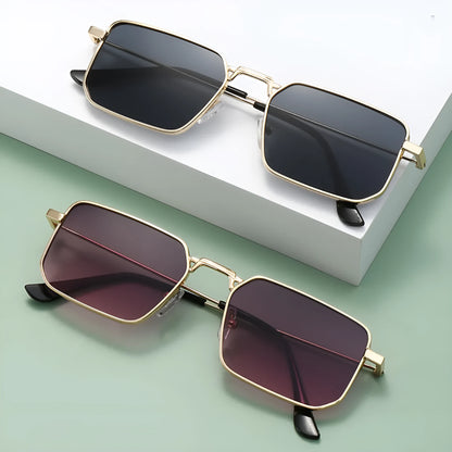 Square men's steampunk sunglasses with a quadrilateral frame, shown in gold, silver, and black colour options.