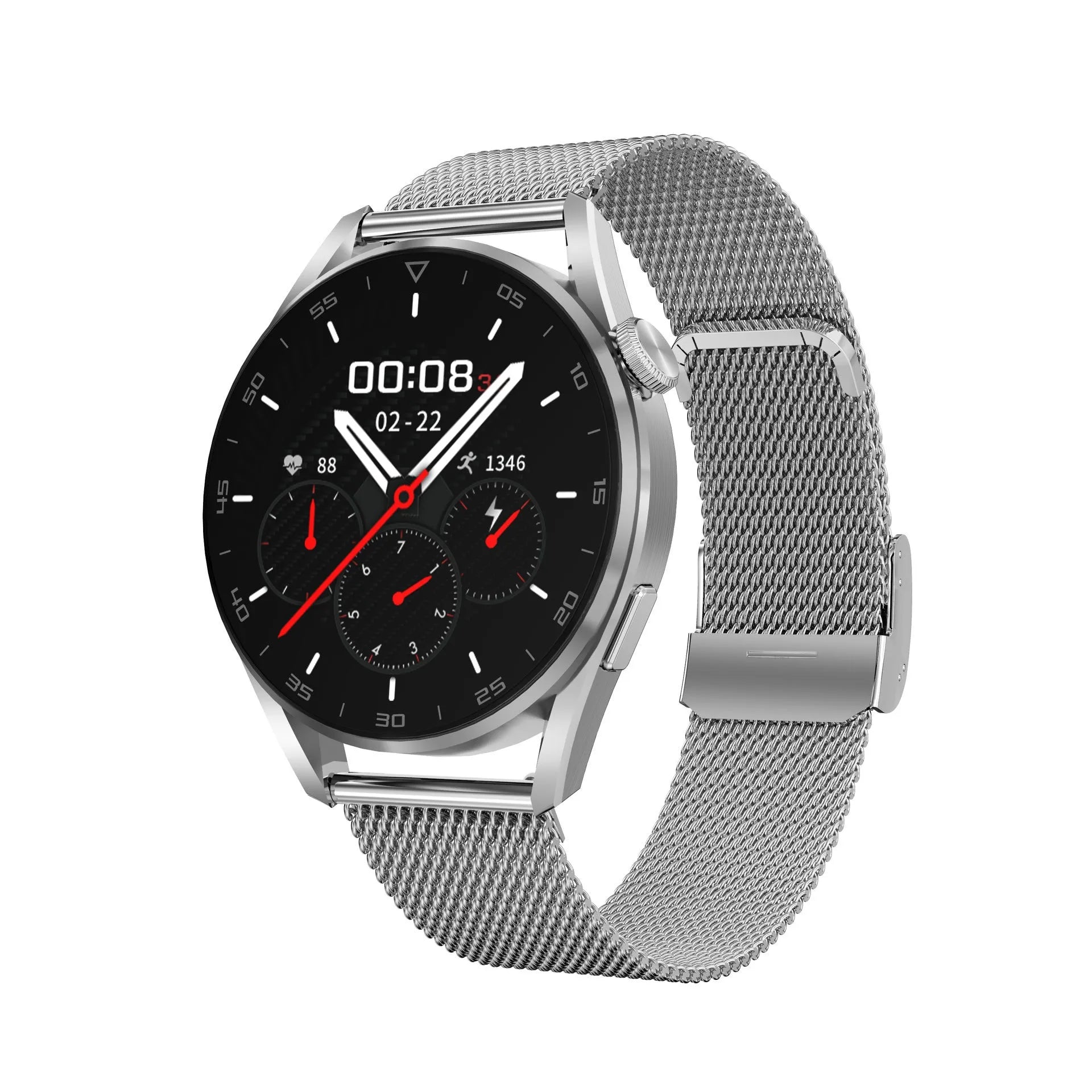 Black Bluetooth smart watch with metal strap showing call screen and barcode scanner function on 1.3-inch display.