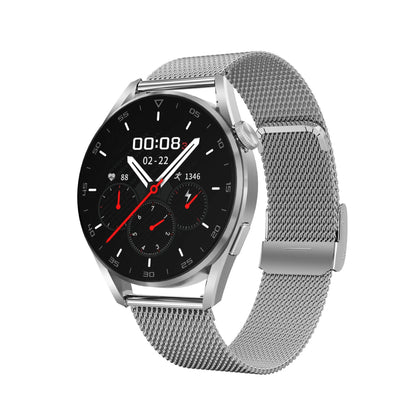 Black Bluetooth smart watch with metal strap showing call screen and barcode scanner function on 1.3-inch display.