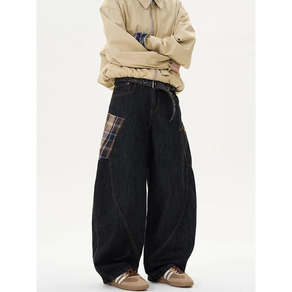 Loose straight-leg trousers in coffee plaid pattern with mid waist design