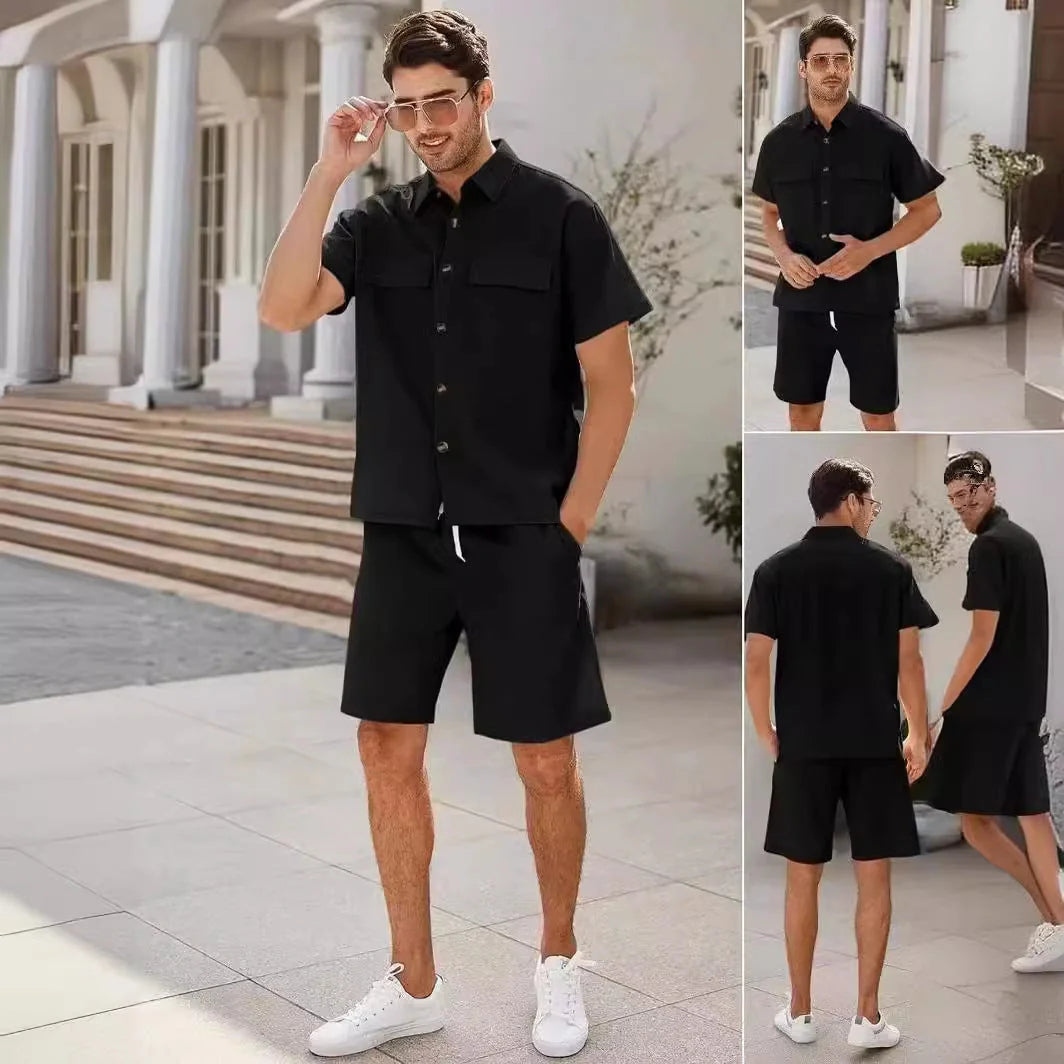 Men's summer suit set with short sleeve lapel shirt and drawstring shorts in various colors