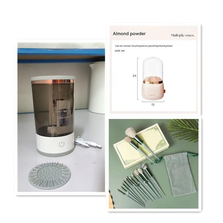 Grey and white portable electric makeup brush cleaner with USB charging cable.