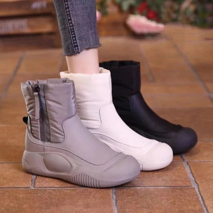 Women's winter plush snow boots with side zipper in grey, white, and black