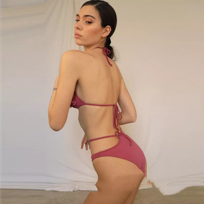 Floral bikini lace-up swimsuit in bean paste and shrimp red colors