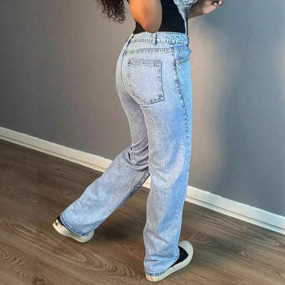 Light blue cotton denim straight leg jeans for women with mid waist and non-ironing finish, sizes XS to XL