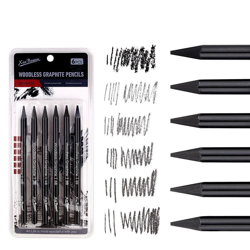 Wood-free graphite sketching pencils in six hardness grades: HB, 2B, 4B, 6B, 8B, EE with solid graphite cores