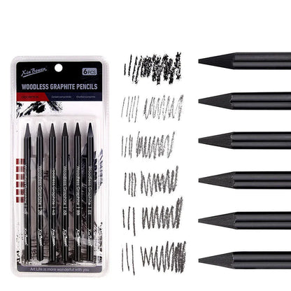 Wood-free graphite sketching pencils in six hardness grades: HB, 2B, 4B, 6B, 8B, EE with solid graphite cores