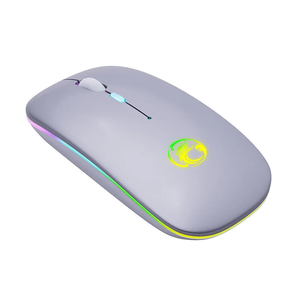 Black or white wireless silent mouse with charging light, dimensions 112x57x25mm, showing adjustable DPI switch.
