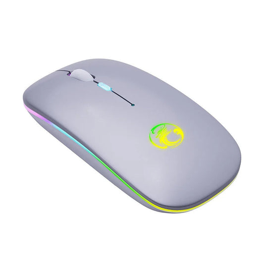 Black or white wireless silent mouse with charging light, dimensions 112x57x25mm, showing adjustable DPI switch.