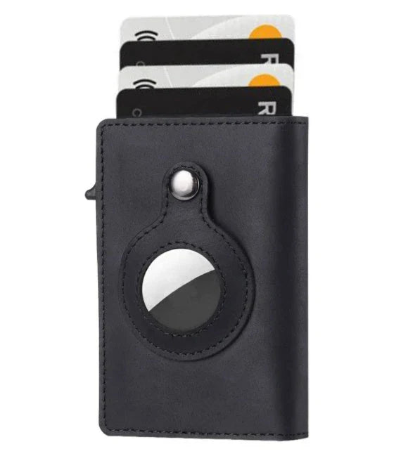 Slim leather wallet with built-in AirTag holder, featuring RFID-blocking technology and convenient card access