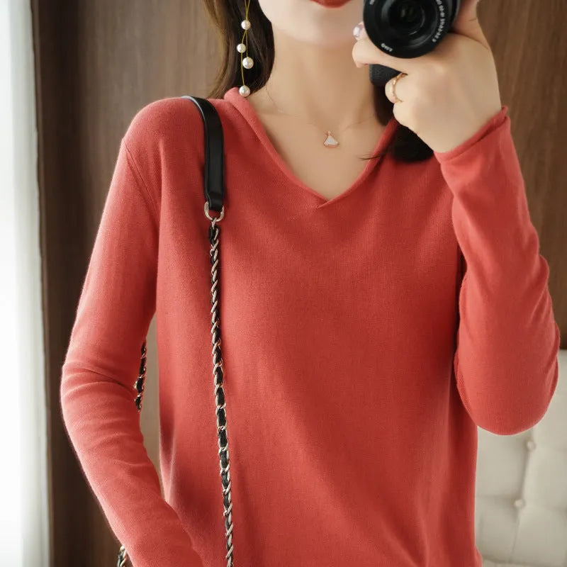 Women's V-neck long sleeve knitwear top in multiple colours with non-ironing fabric