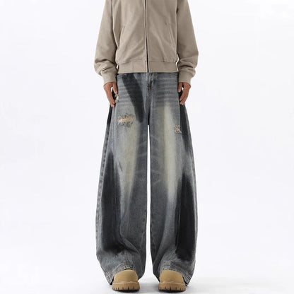 Men's blue American-style ripped jeans with splash-ink pattern and micro elastic cotton fabric