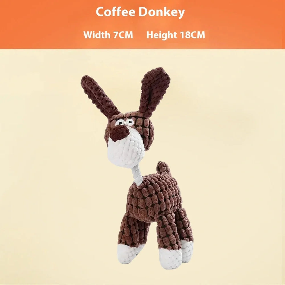 Bite-resistant puppy plush toy with relieving molar design in multiple animal styles including donkey and duck variations