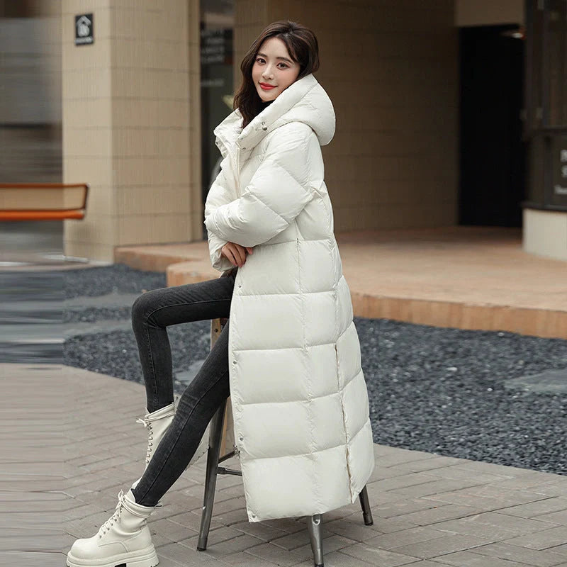 Women's long winter down puffer coat in black, dark red, white, and khaki colors