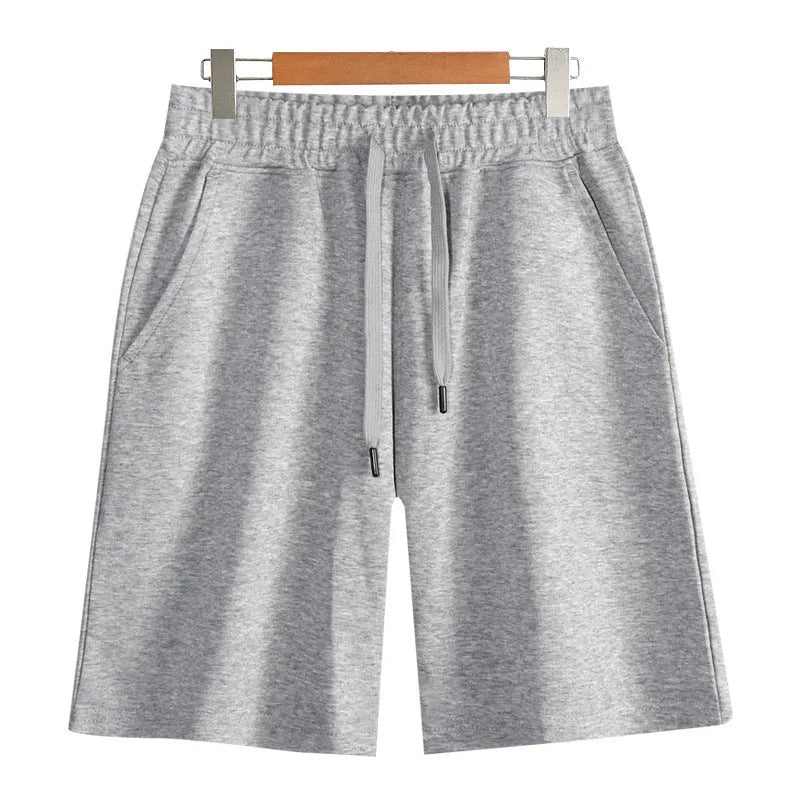 Men's straight-leg cotton casual shorts in light grey on a plain background.