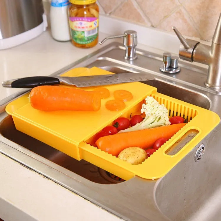 Blue multifunction kitchen chopping board with integrated drain basket and TPE handle