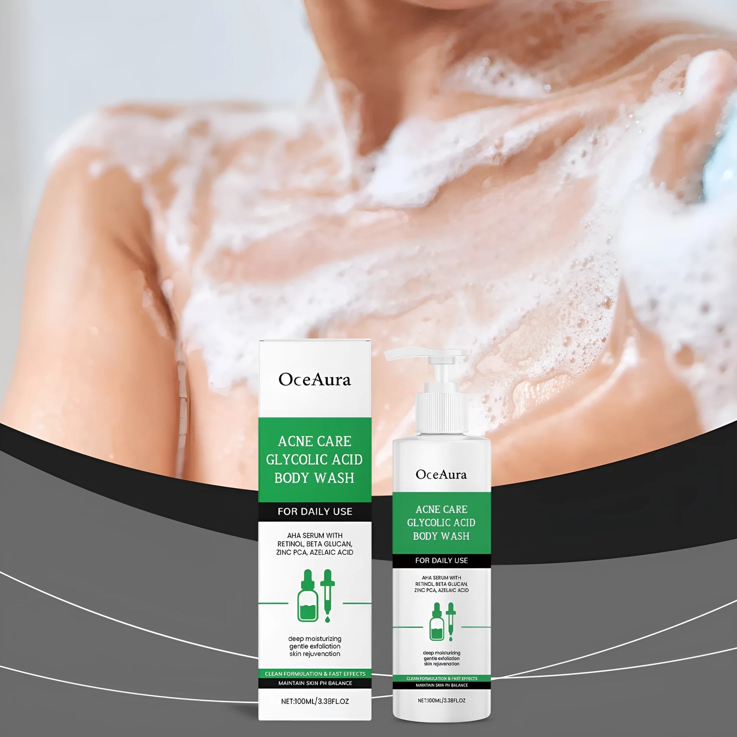 100ml bottle of retinol shower gel with glycolic acid and azelaic acid