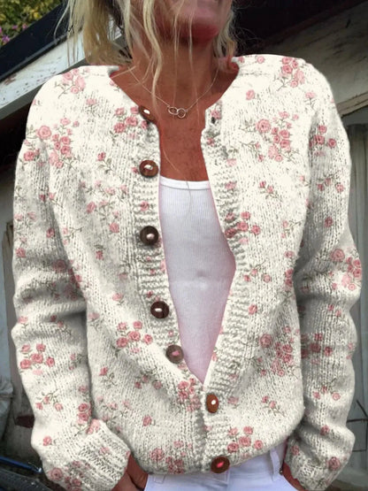 Women's long sleeve cardigan coat with a colourful digital print pattern, open front design