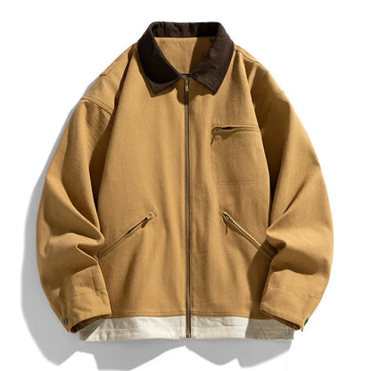 Korean-style loose fit couple jacket with contrast colour lapels and side seam pockets in polyester fabric