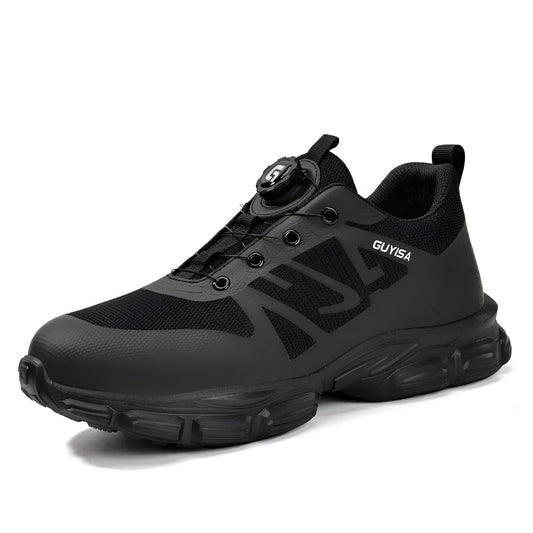 Lightweight safety shoes with Flyknit upper, steel toe cap, and TPU sole