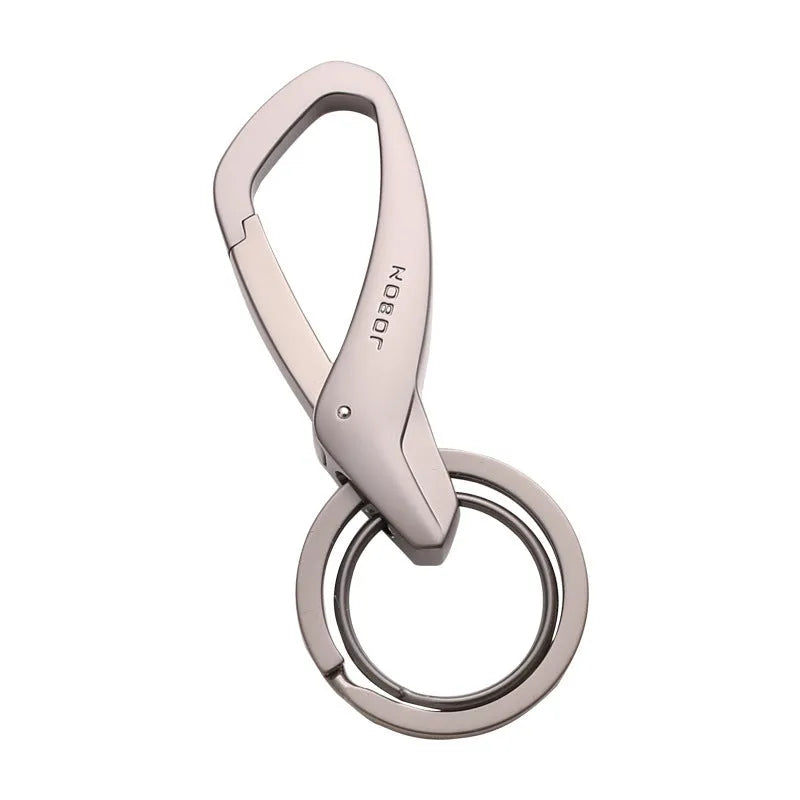 Zinc alloy double ring key chain measuring 8.3x3.5cm with black finish and modern simplicity design