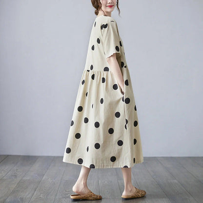 Loose-paneled cotton and linen V-neck short-sleeved dress in apricot, perfect for summer