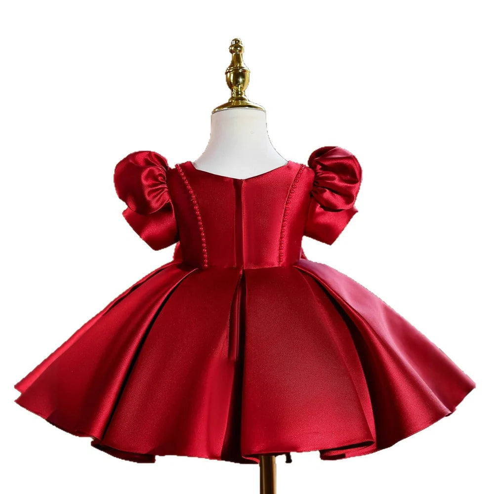 Wine red polyester girls' evening dress with princess design elements for birthday parties