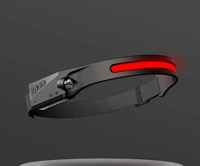 Black silicone USB rechargeable headlamp with a wide COB LED lens and a side wave sensor.