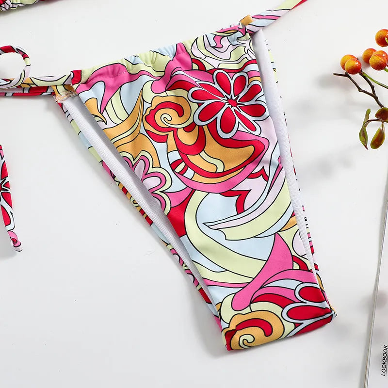 Women's triangle printed bikini swimsuit with hanging neck and separate top and bottom pieces