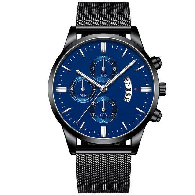 Men's stainless steel mesh band quartz watch showing two-tone colour options on a 4.2cm case.
