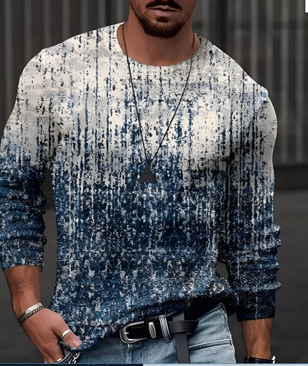 Printed collarless long sleeve slim casual top in white and blue, sizes M to 3XL, polyester fibre