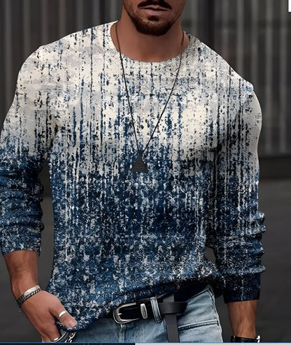 Printed collarless long sleeve slim casual top in white and blue, sizes M to 3XL, polyester fibre