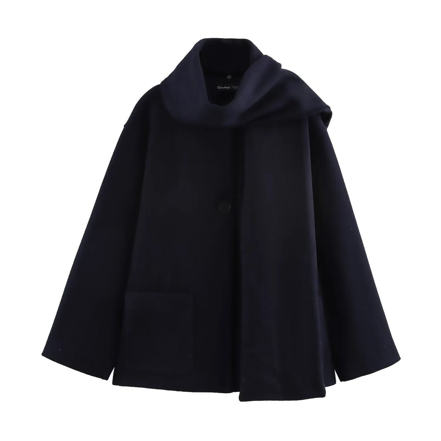 Women's black polyester scarf overcoat with artificial fur collar, lengthened 100cm design, and pockets for street fashion