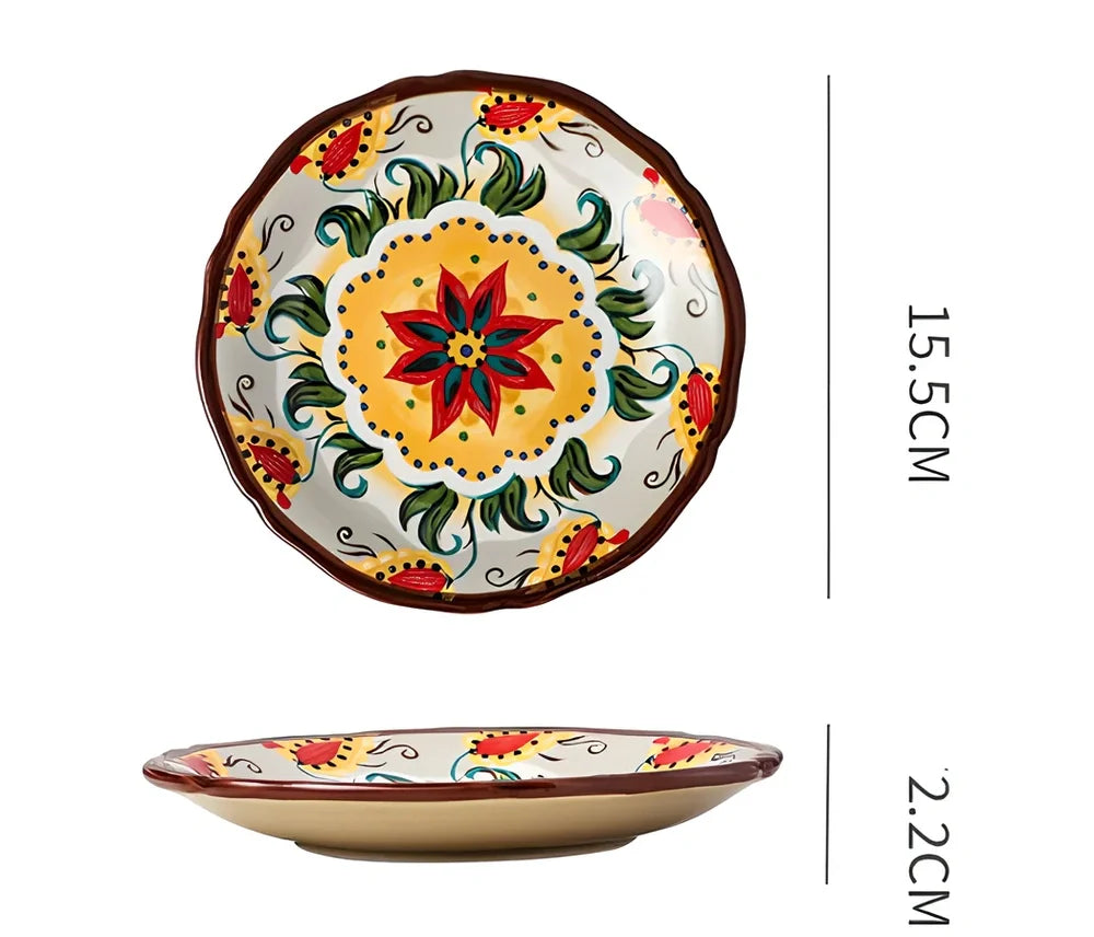 Underglaze ceramic bowl with Bohemian floral pattern in blue mandarin duck design, 8 inch diameter