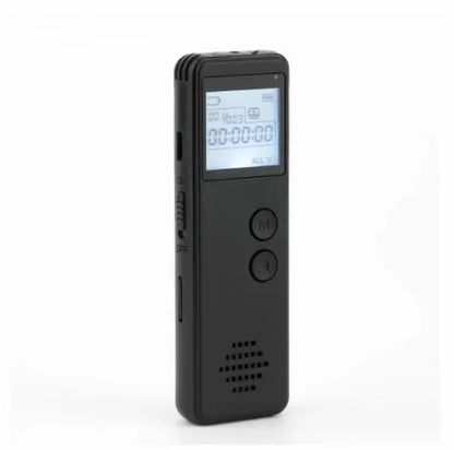 Black MP3 digital voice recorder with matte finish, 88mm x 33mm x 12.5mm, featuring a broken code screen and one-key recording button.