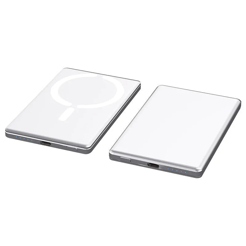 Slim dark grey magnetic power bank attached to the back of an iPhone, showing its thin 9mm profile.