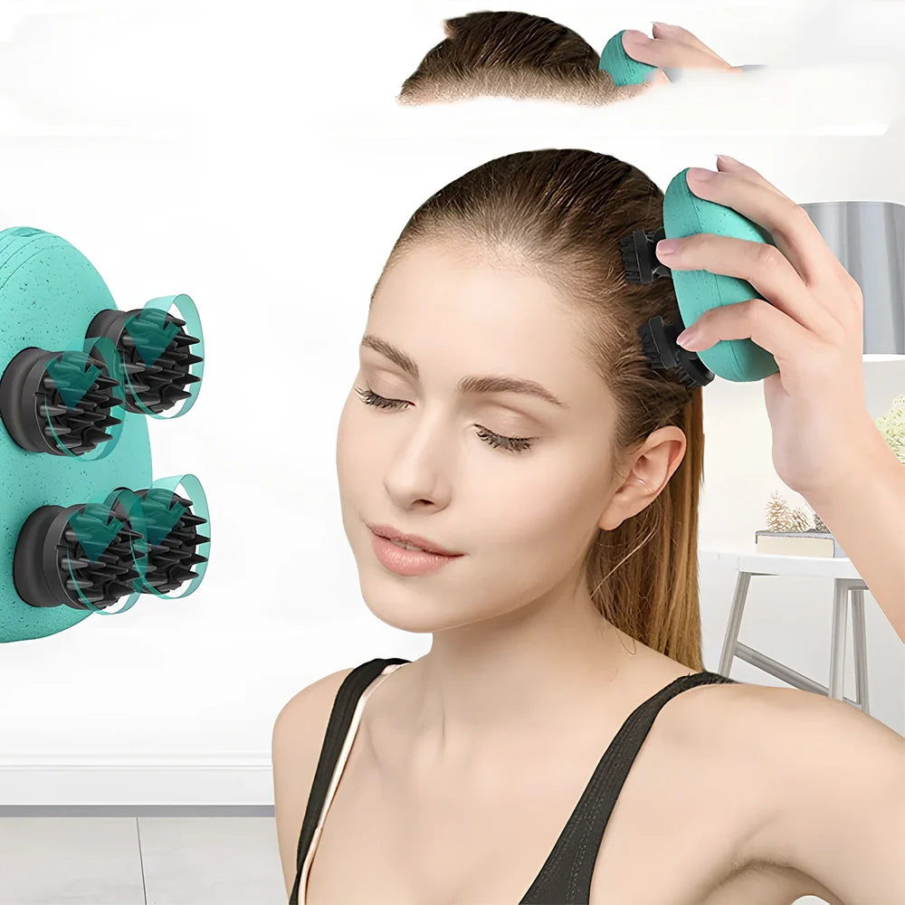 Automatic scalp massager with 8 blue silicone heads arranged in circular pattern on white background
