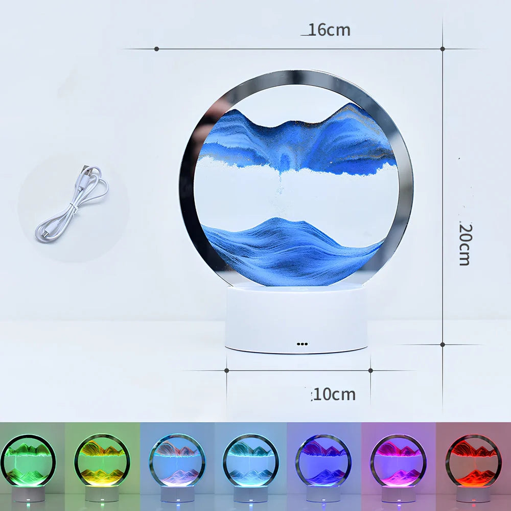 Desktop hourglass lamp with colourful LED lighting illuminating flowing quicksand patterns