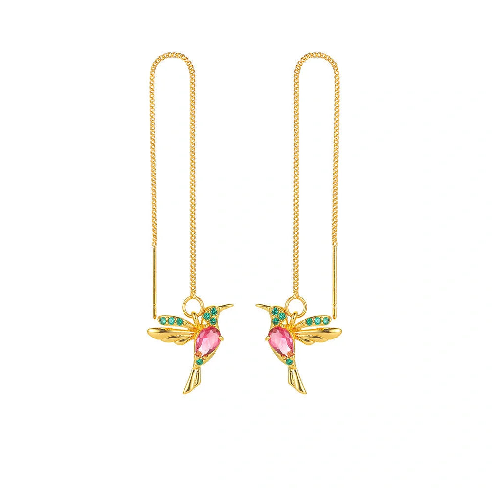 Hummingbird drop earrings with crystal pendant in rose gold, imitation gold, and anti-gold colors