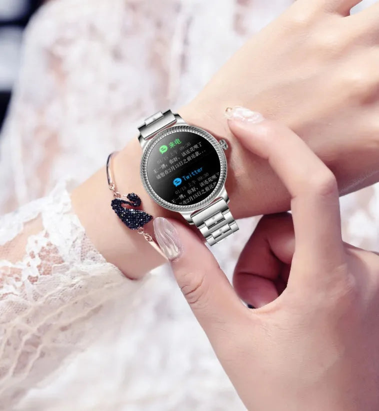 AK38 Ladies Smart Watch with stainless steel wristband and 1.09-inch TFT display