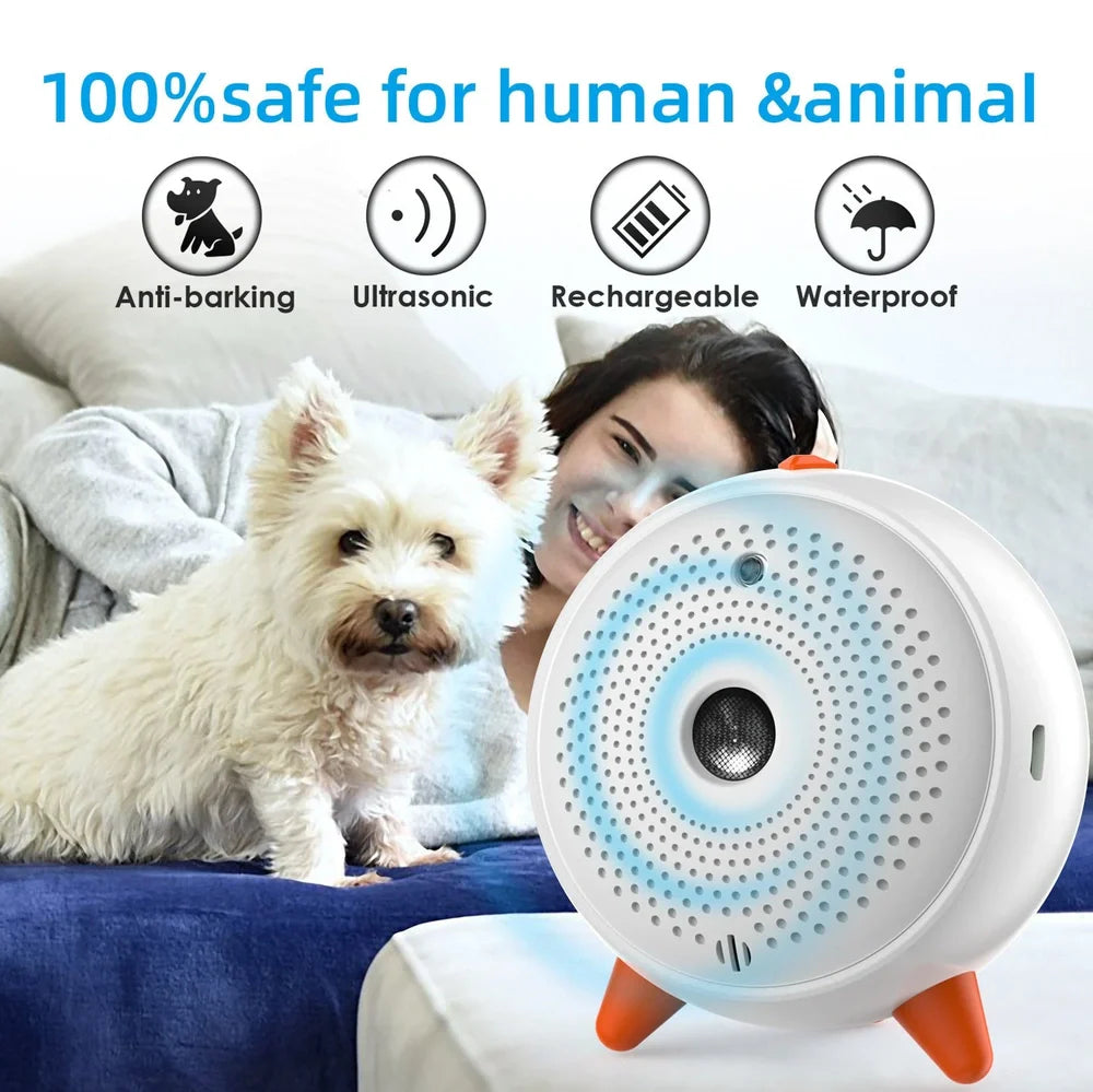 White ultrasonic bark control device with USB charging port and compact 8.5cm width design