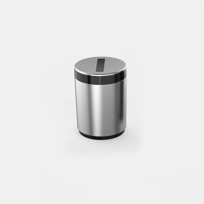 Automatic car ashtray in secret silver colour on a desktop, showing compact 7x10cm size.