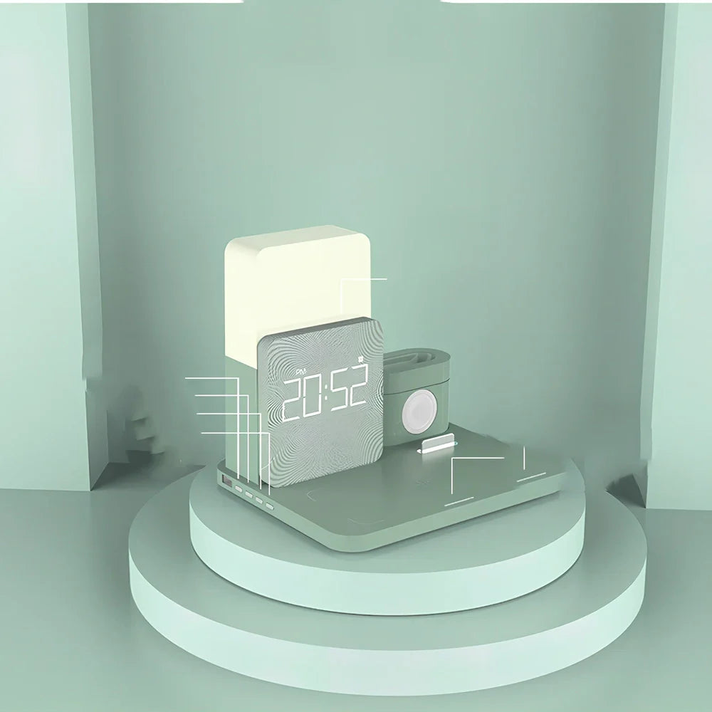 Black 3-in-1 wireless charging station with iPhone on charging pad, Apple Watch in slot, AirPods Pro charging