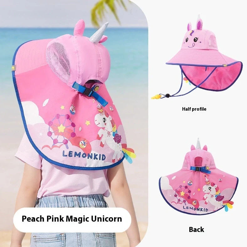 Yellow dinosaur pattern children's sun hat with wide brim for UV protection